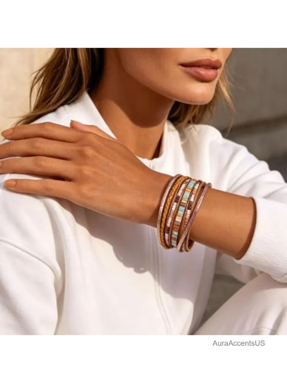 Faux Leather Wrap Bracelet Women Boho Layered Cuff Clasp